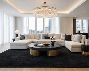 Svart ullmatta, handtuftad minimalistisk vardagsrumsmatta i NYC-stil