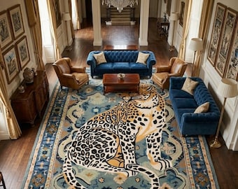 Leopardmatta, handtuftad ullmatta, persisk vintagedesign, iögonfallande inredning