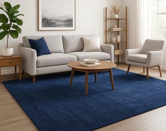 Hand Tufted Wool Area Rug | Solid Modern Navy Blue Carpet for Living Room