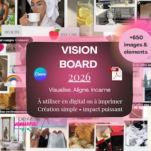 Könnte beinhalten: Ein Vision Board-Collage mit dem Text "VISION BOARD 2026" und "+650 images & Elemente." Die Collage enthält Bilder zu Gesundheit, Selbstpflege, Liebe und Zuhause. Der Text "Visualise. Aligne. Incarne" ist ebenfalls vorhanden.