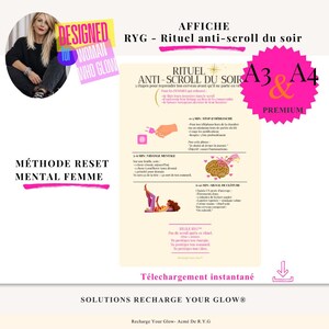May include: A pink and white poster with French text, promoting a 'Rituel anti-scroll du soir' (Anti-Scroll Evening Ritual). The poster includes illustrations and the text 'Méthode Reset Mental Femme' (Female Mental Reset Method).