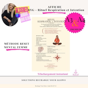 May include: A4 and A3 size premium poster with French text, featuring a woman in a seated meditation pose. The poster is designed for a mental reset and includes instructions for breathing and intention setting. The poster has a pink and white color scheme.