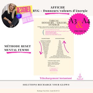 May include: A digital print titled "Tableau Donneurs/Voleurs d'Energie" with text in French. The design features a woman's image and the words "Designed for Woman Who Glow." The print is available in A3 and A4 sizes.