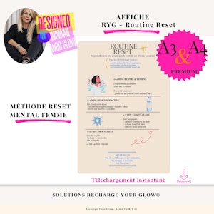 May include: A pink and white poster with the text "Routine Reset" and "A3 & A4 Premium". The poster includes a woman's image and text in French, detailing a daily routine. The poster is designed for mental wellness.