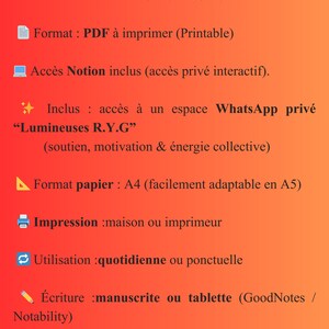 May include: A red and orange gradient background with white text detailing product features. The text includes PDF format, Notion access, WhatsApp private space access, A4 paper format, printing options, daily or occasional use, and handwritten or tablet writing.
