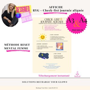 May include: A4 and A3 premium checklist poster with the text "Check-list journée alignée" and "Solutions Recharge Your Glow". The poster includes a sun, moon, and window illustrations.