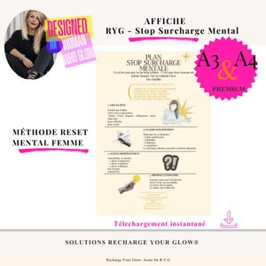 May include: A white poster with the text "Stop Surcharge Mentale" and "Méthode Reset Mental Femme". The poster includes a woman's image and a pink starburst with "A3 & A4 Premium".
