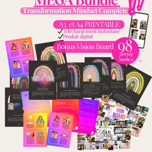 May include: A digital download bundle with the text "MEGA Bundle Transformation Mindset Complete." Includes printable A3 and A4 documents, a bonus vision board, and 98 premium pages. Features rainbow and inspirational graphics.