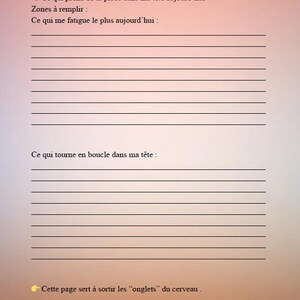 May include: A journal page with the title "&Eacute;TAT DES LIEUX EXPRESS" and prompts to write about thoughts and feelings. The page includes lines for writing and the text "Recharge Your Glow - Reset mental & &eacute;nergie f&eacute;minine".