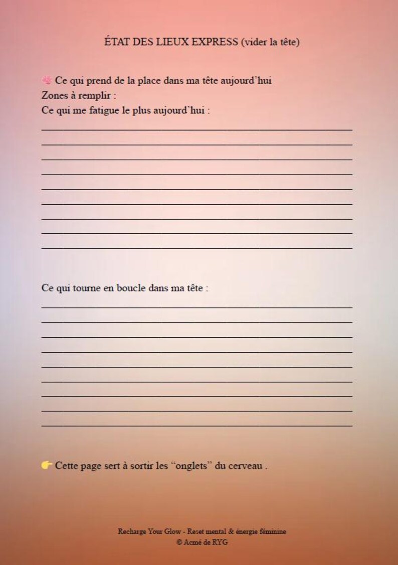 May include: A journal page with the title "&Eacute;TAT DES LIEUX EXPRESS" and prompts to write about thoughts and feelings. The page includes lines for writing and the text "Recharge Your Glow - Reset mental & &eacute;nergie f&eacute;minine".