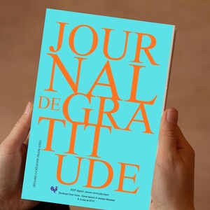 May include: A journal with a turquoise cover and orange text that reads "JOURNAL DE GRATITUDE." The journal also includes additional text and a small rooster graphic. The journal is held in two hands.