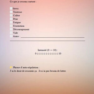 May include: A worksheet with French text, titled "BLOC 5 - NOMMER L'&Eacute;MOTION". It lists emotions like stress, sadness, and anger, with checkboxes. Includes an intensity scale from 0 to 10 and a self-regulation phrase.