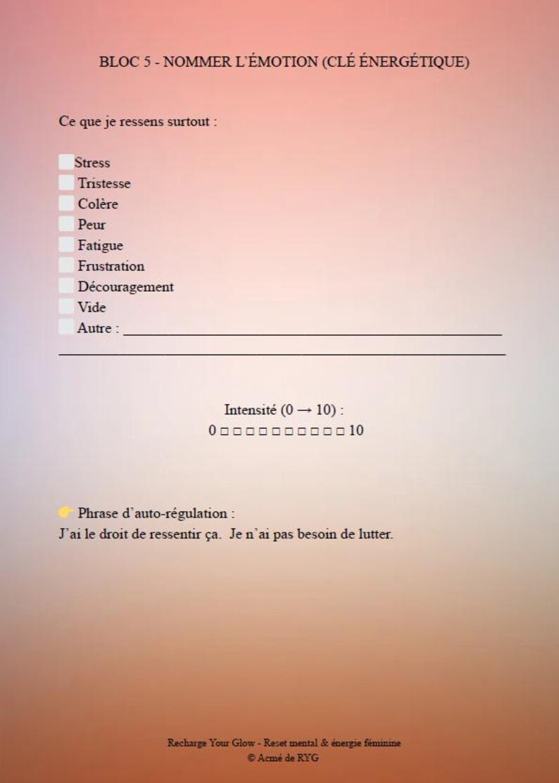 May include: A worksheet with French text, titled "BLOC 5 - NOMMER L'&Eacute;MOTION". It lists emotions like stress, sadness, and anger, with checkboxes. Includes an intensity scale from 0 to 10 and a self-regulation phrase.
