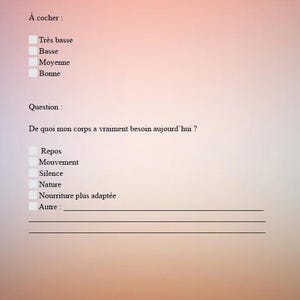 May include: A worksheet with the title "ENERGY & BODY" in a gradient orange and white design. It includes questions about energy levels and body needs, with checkboxes for answers. The text "Recharge Your Glow" is at the bottom.