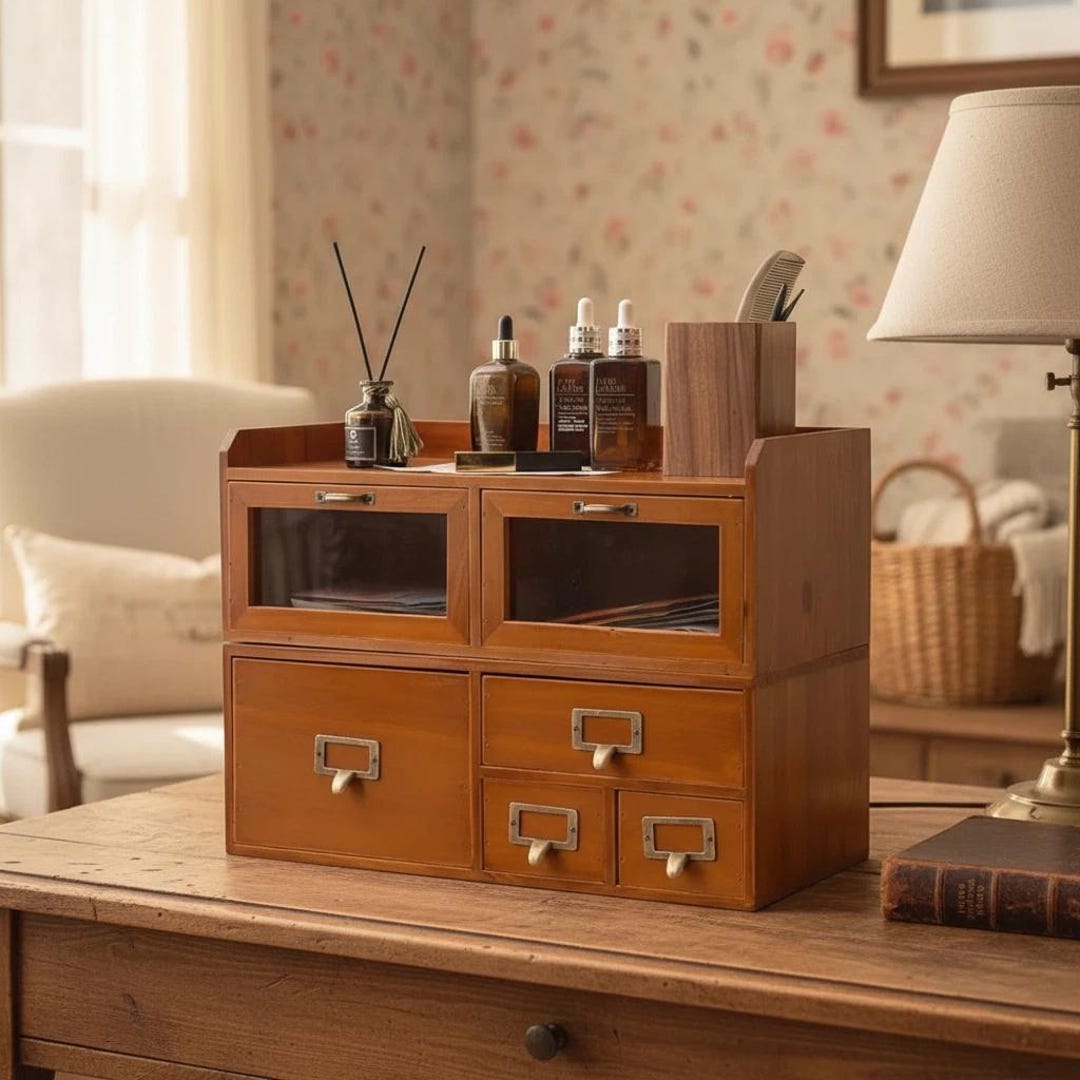 Desktop Organizer With 6 Drawers – Vintage Wooden Desk Storage Cabinet ...