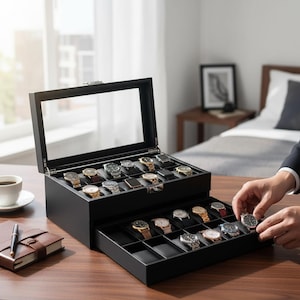 May include: A black watch display case with a glass top, holding numerous wristwatches with various band colors and designs. The case is open, revealing two levels of watch storage. A person is seen handling a watch.