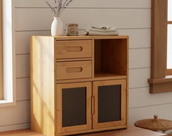 Bamboo Countertop Storage Cabinet with 2 Drawers | Wooden Kitchen Organizer | Natural Bamboo Cabinet