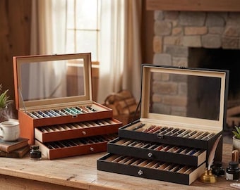 36 Pen Display Box, 3 Tier PU & MDF Desktop Organizer with Velvet Lining for Fountain Pens and Jewelry