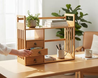 Wooden Desktop Organizer Bookshelf with Drawers Office Storage Rack Natural Rectangular Stand