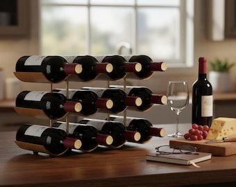 12-Bottle Walnut Wooden Wine Rack, Freestanding 3-Tier Wine Storage Organizer for Kitchen, Dining Room, or Bar