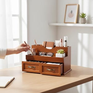 May include: A wooden desk organizer with multiple compartments and two drawers. The organizer is a warm brown color and holds items like pens, glasses, and small skincare products. The drawers have decorative metal handles.