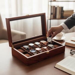 12-Slot Solid Wood Watch Box Display Case, Red Mahogany Watch Organizer with Glass Lid for Home or Store