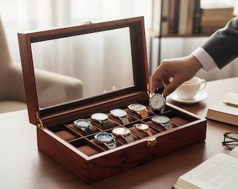 12-Slot Solid Wood Watch Box Display Case, Red Mahogany Watch Organizer with Glass Lid for Home or Store