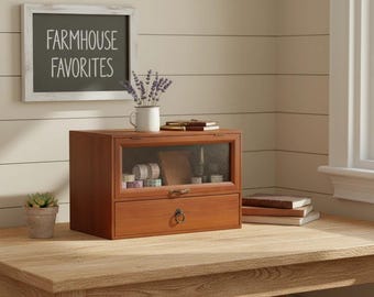 2-Tier Wooden Tabletop Organizer – Vintage Storage Cabinet with Drawer and Magnetic Door