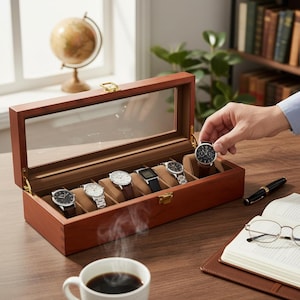 Vintage Wooden Watch Box with Glass Lid, 6-Slot Velvet Lined Watch Display Case, Brown Desktop Organizer for Men