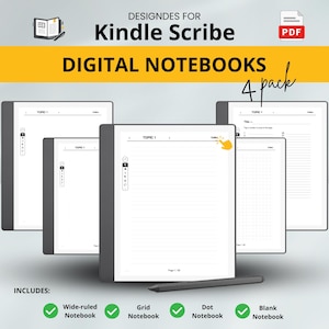 Puede incluir: Cuadernos digitales diseñados para Kindle Scribe, con opciones de cuadernos rayados, cuadriculados, punteados y en blanco. La imagen muestra cuatro cuadernos digitales con un lápiz. El texto incluye "DIGITAL NOTEBOOKS" y "4 pack".