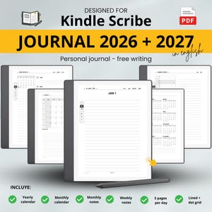Puede incluir: Diario digital para Kindle Scribe, con calendarios anuales y mensuales, notas mensuales y semanales, 5 páginas por día y opciones de líneas y puntos. El diario incluye los años 2026 y 2027.