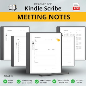 May include: A digital planner designed for Kindle Scribe, featuring meeting notes, a yearly calendar for 2026 & 2027, and a notes index. Includes 150 meeting notes entries, 4 extra pages per note, and a total of 763 pages. A stylus is also included.