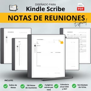 May include: A digital planner designed for Kindle Scribe, featuring meeting notes, a 2026-2027 calendar, and 763 pages total. The image shows the planner's interface with various templates, including an index, meeting notes, and calendar pages. The text "NOTAS DE REUNIONES" is visible.