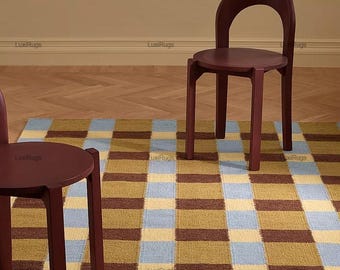 Alfombra Bauhaus de 25 x 35 cm, alfombra de lana de 30 x 38 cm, alfombra kilim tejida a mano en azul, granate y dorado. Diseños minimalistas escandinavos modernos.