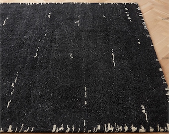 Tappeto Marrin annodato a mano in lana neozelandese nera 6x9, tappeti Oushak neri solidi, arredamento contemporaneo per la zona living, tappeti Oushak 10x14 9x12