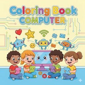 Op de afbeelding: Een kleurrijke illustratie voor een kleurboek getiteld "Coloring Book Computer". Vier kinderen zitten en gebruiken tablets, omringd door cartoonrobots, sterren, harten en een computerscherm. De achtergrond heeft een printplaatontwerp.