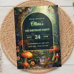 May include: A whimsical invitation for Olivia's 1st birthday party. The design features a fantasy forest scene with vibrant orange mushrooms, flowers, and butterflies. The text reads "You're Invited to Olivia's 1st Birthday Party, Oct 24, 2PM".