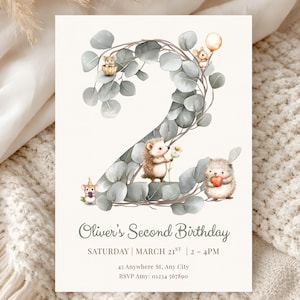 2. Geburtstag Waldtier Einladung Vorlage, Igel Maus Party einladen, Greenery Zwei Geburtstag Bearbeitbare Canva Download, b2p01