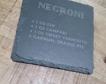 Perfect Housewarming Gift: Engraved Slate Cocktail Coaster Set - Classic Recipes for every coaster- Rustic Home Bar Accessories