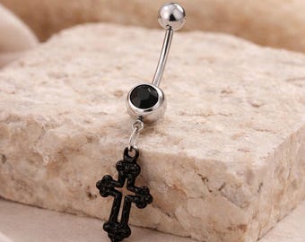 Black Cross Dangle Belly Ring – Stainless Steel Navel Piercing with Black Gem, Gothic Belly Button Jewelry