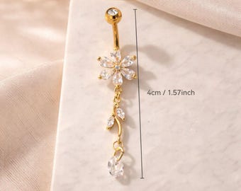 Gold Flower Dangle Belly Ring Stainless Steel Navel Piercing Crystal Drop Jewelry