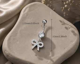 Kolczyk do pępka z kryształową kokardką, srebrny zwisający piercing do pępka, elegancka minimalistyczna biżuteria do pępka