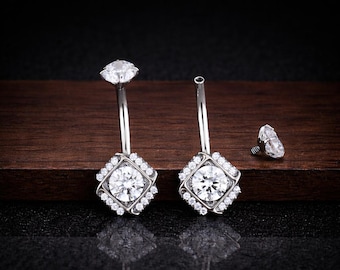 Square Halo CZ Belly Button Ring, Silver Navel Jewelry