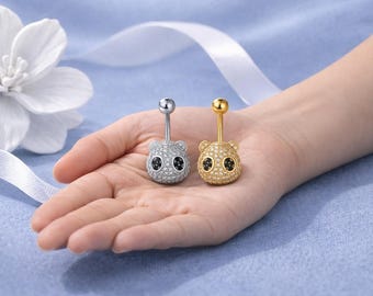 Sparkling Cubic Zirconia Bear Belly Button Ring, Gold Silver Navel Piercing Jewelry