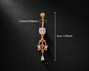 Piercing de ombligo de filigrana dorado con colgante de cristal, calibre 14G, joyería para el ombligo de inspiración vintage.