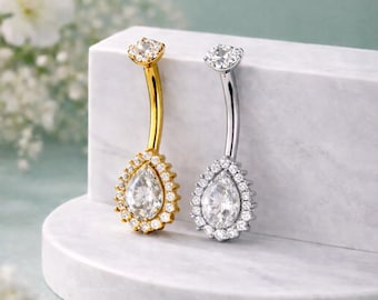 Piercing para el ombligo de acero inoxidable en forma de lágrima de cristal, dorado o plateado, joya colgante para el ombligo.