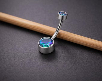 サージカルステンレス製オパールベリーリング – 虹色に輝くストーンのへそピアスジュエリー