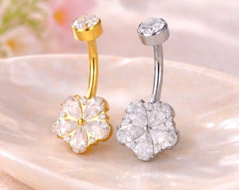 Piercing Ombelico Fiore Cristallo - Acciaio Chirurgico Oro 14kt - Autiga