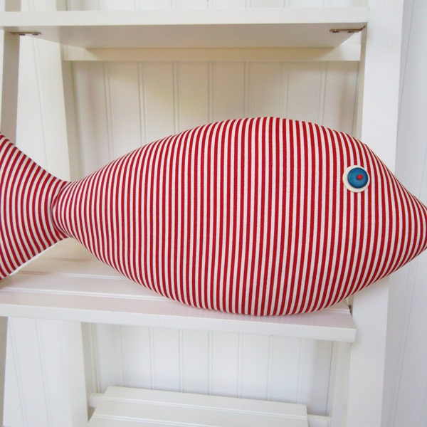 Fish Pillow - Beach Decor - Red and White Striped Pillow - Lake House Decor