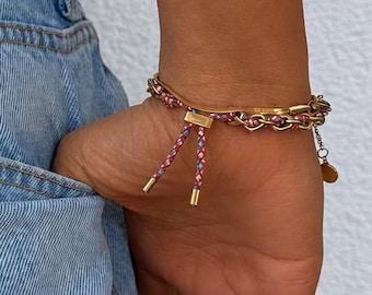 Adjustable waterproof link chain in gold with paracord, minimalist women's jewelry bracelet with 14k PVD gold plating and engraving